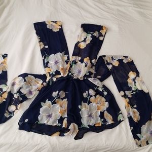 Women's Chiffon Deep V Neck Floral Back Cross Tie